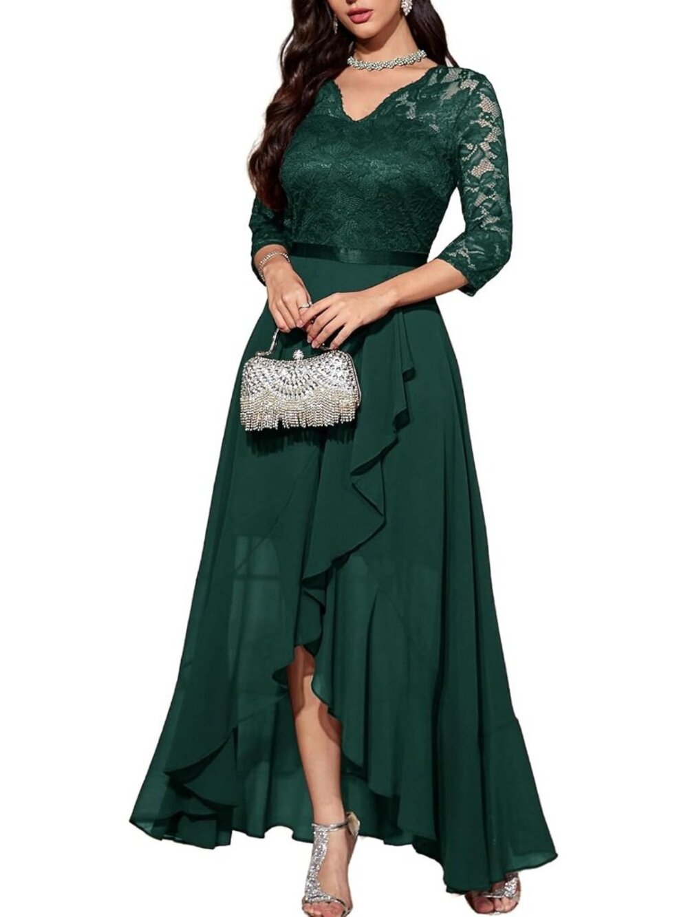 Women's Dark Green V-Neck Wedding Floral Lace Cocktail Party Bridesmaid Dress